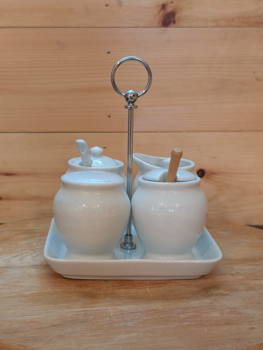 Pottery Barn Great White 5-Piece Condiment Set with Chrome Caddy - Unused